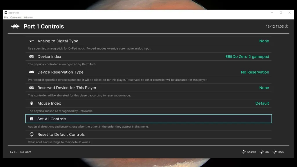 RetroArch Port 1 Controls menu