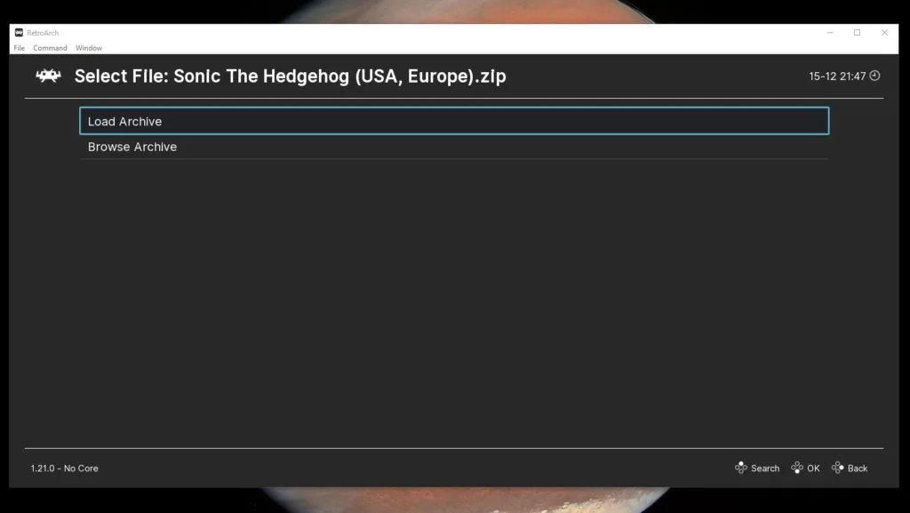 RetroArch Load Archive menu option