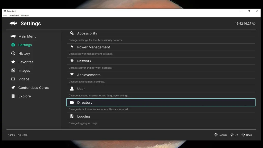 RetroArch Settings menu