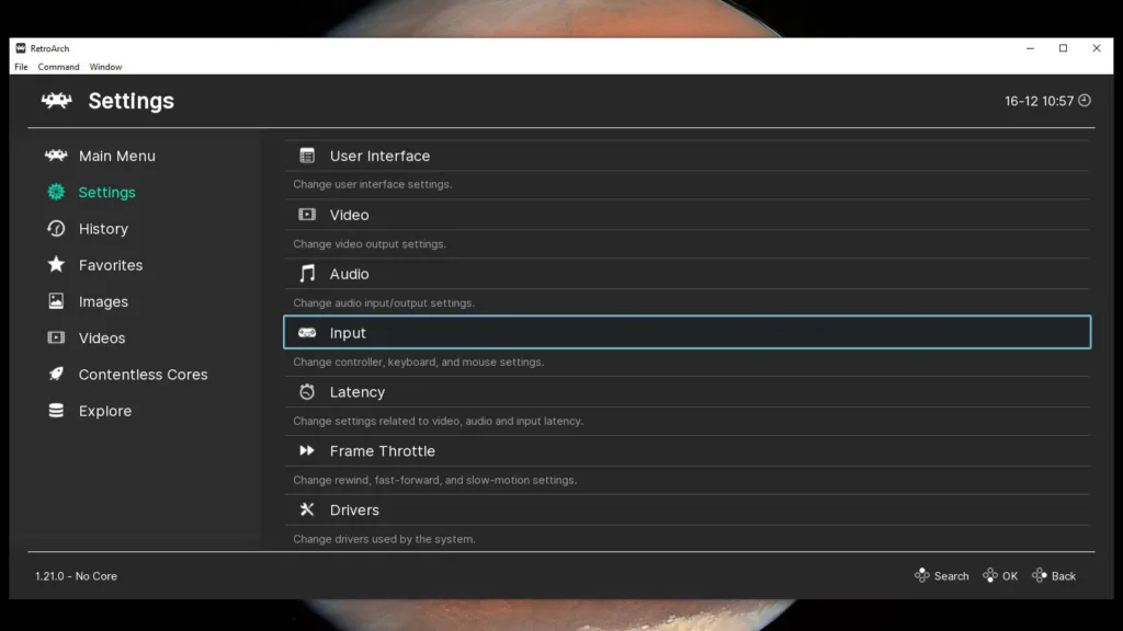 RetroArch Settings menu