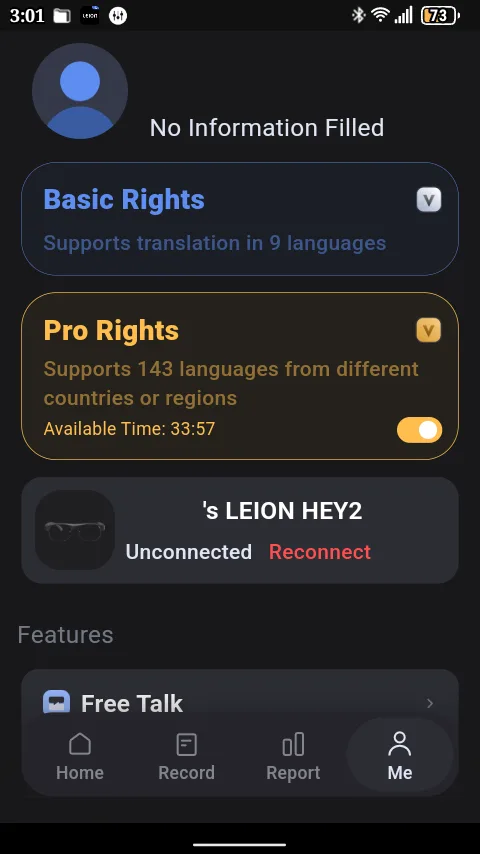 Leion Hey2 Translation Glasses app showing limited access to Pro Rights