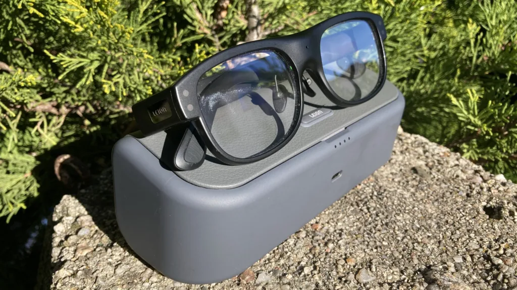 Leion Hey2 Translation Glasses sitting on top of case
