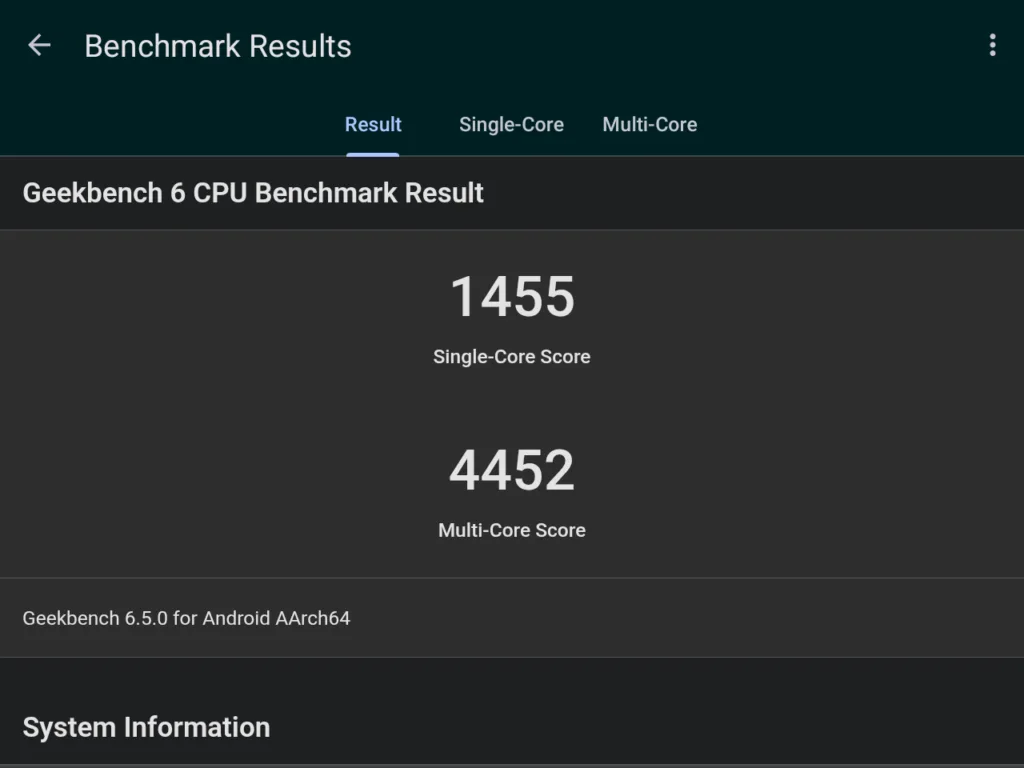 A screenshot of the RG 477m's Geekbench 6 CPU score. The single-core score is 1,455 and the Multi-core score is 4,452.