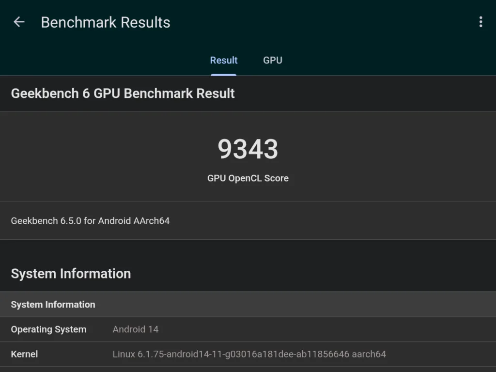A screenshot of the RG 477m's Geekbench 6 OpenCL GPU score, which is 9,343.