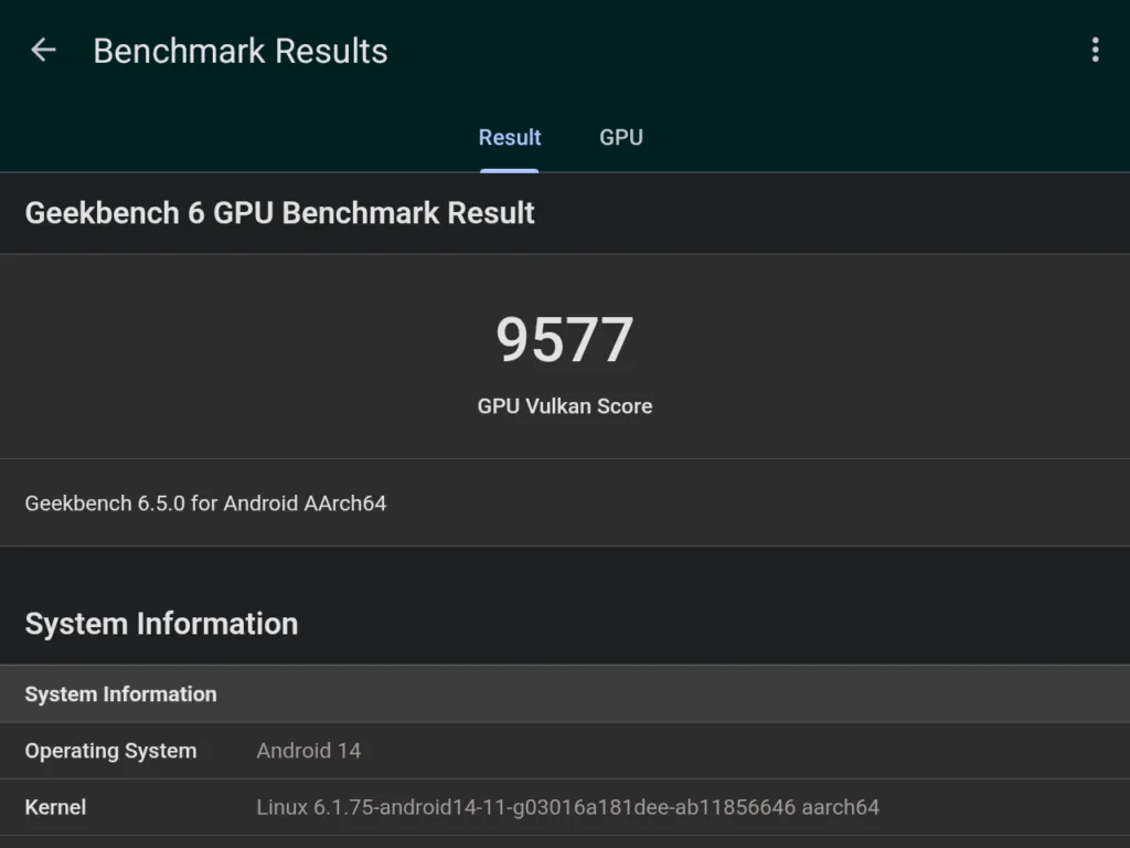 A screenshot of the RG 477m's Geekbench 6 Vulkan GPU score, which is 9,577.