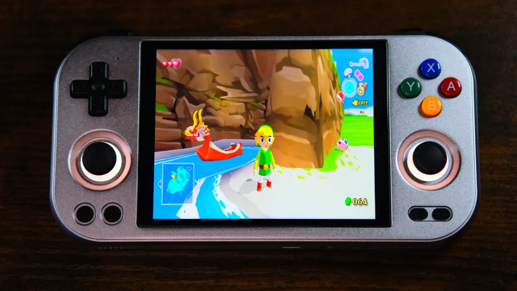 A picture of the RG 477m running the Legend of Zelda: the Wind Waker with HD textures.