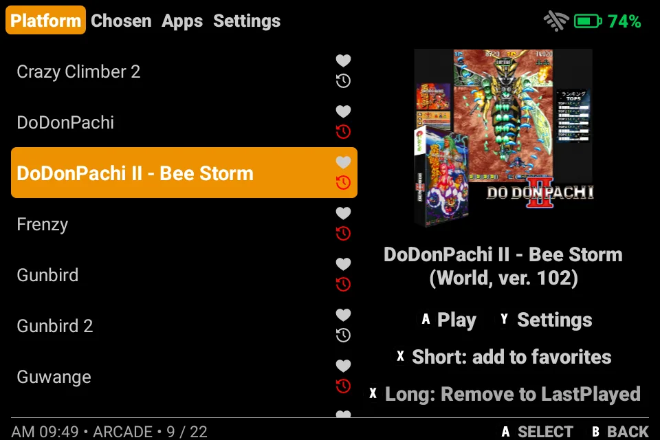 MagicX One 35 Dawn launcher showing the game select screen