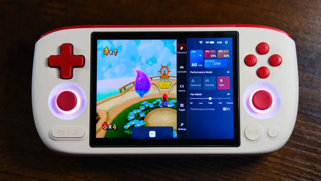 A picture of the Performance tab in the Pocket Air Mini's quick settings that shows FPS, CPU and GPU usage and temps, fan speed, performance mode, and fan mode.