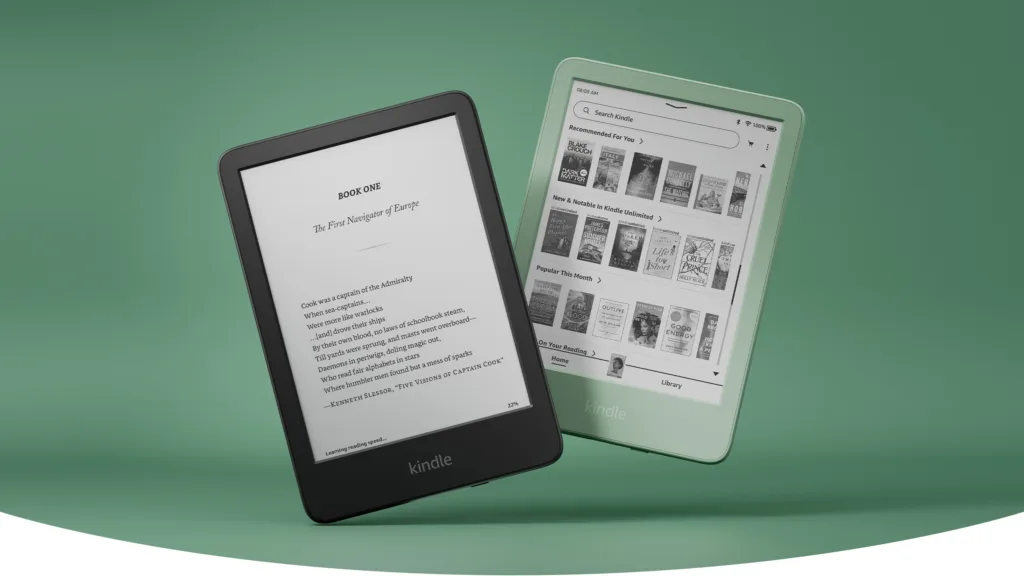 2026 image of the Kindle Basic in black and matcha green