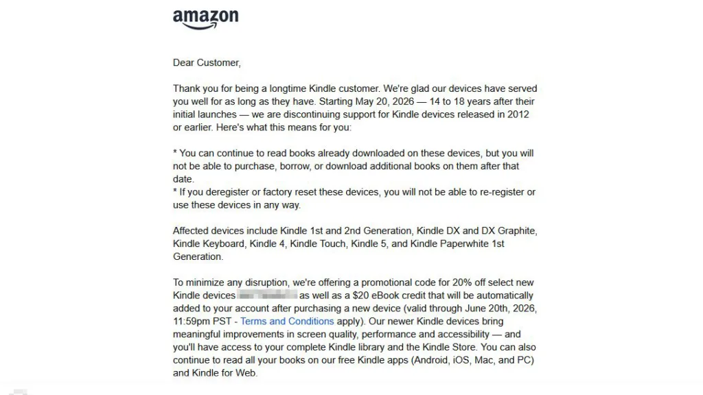 Amazon Kindle deprecation email from April 2026