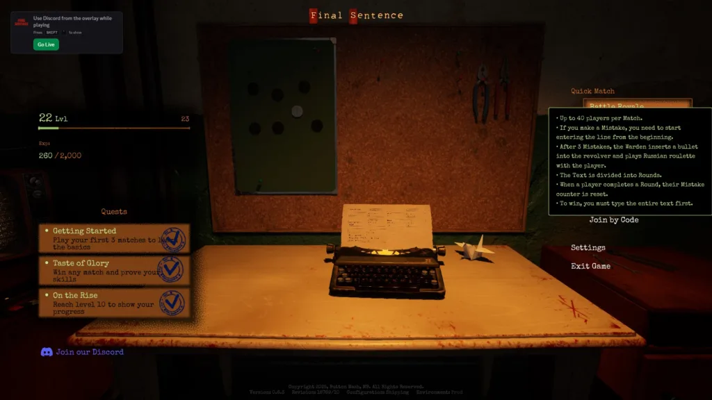 Final Sentence main menu showing Battle Royale rules