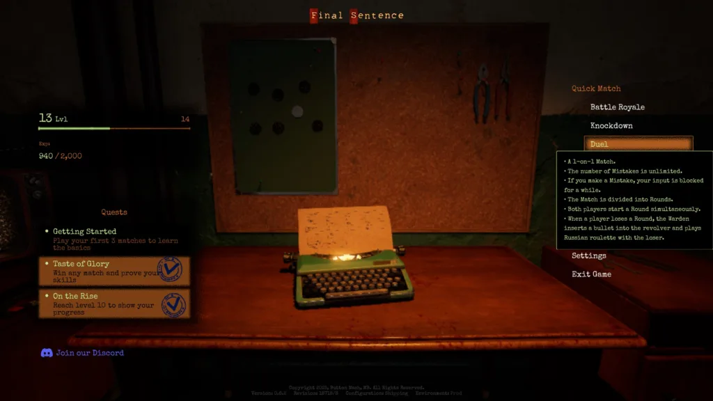 Final Sentence main menu showing Duel rules