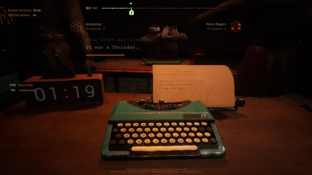 Final Sentence gameplay at desk with typewriter and timer