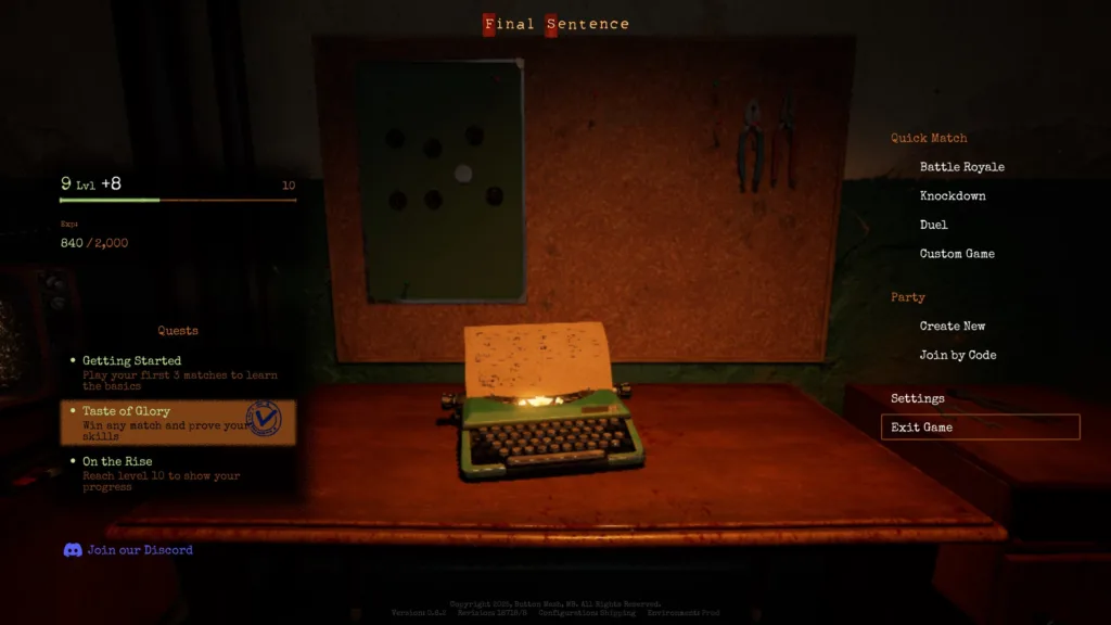 Screenshot of main menu of Final Sentence