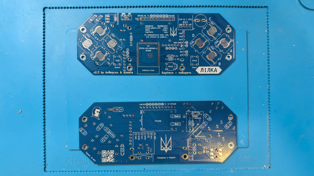 Front and back of two Lilka PCBs