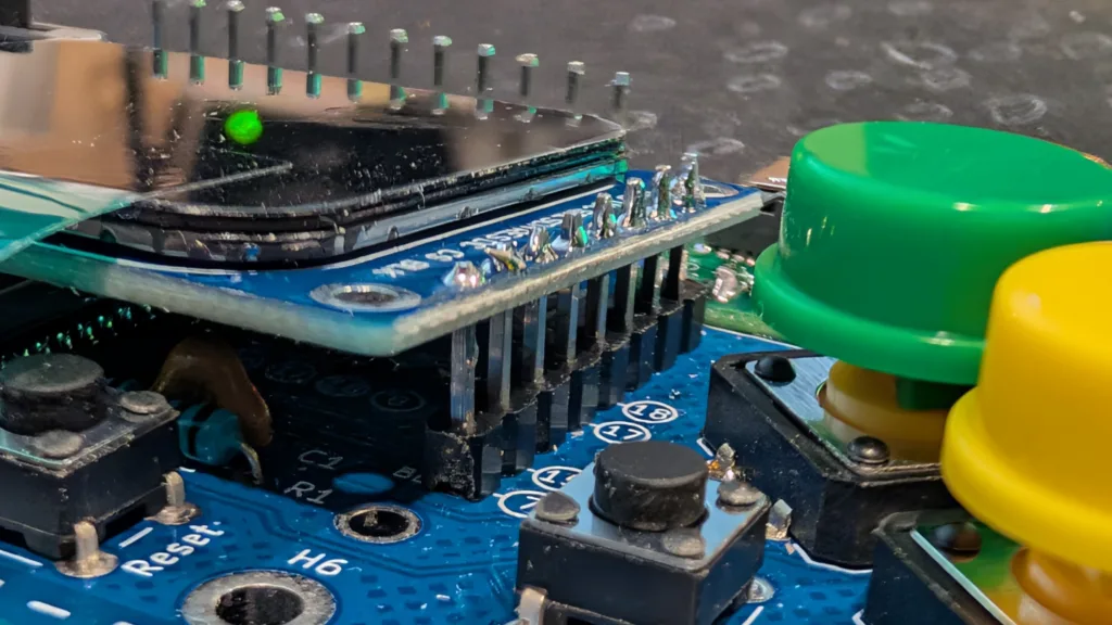 closeup of LED display module on Lilka sitting at an ugly angle