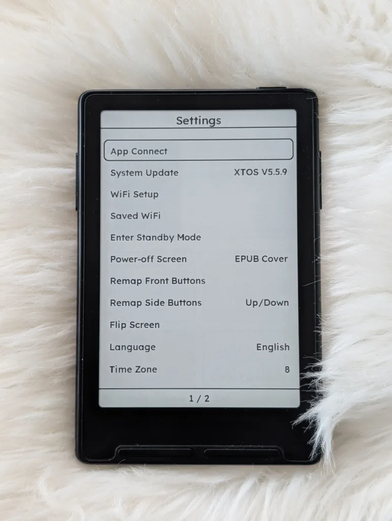Xteink X3 Settings menu, page 1