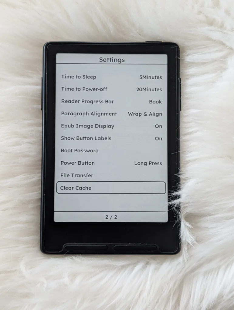 Xteink X3 Settings menu, page 2