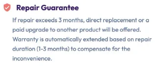 A screenshot from Ayaneo's website stating that if a repair exceeds 3 months, they'll provide a direct replacement.