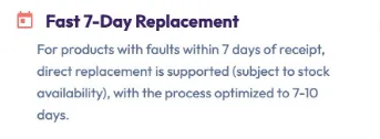 A screenshot of Ayaneo's 7-day replacement plan, stating that products with faults in 7 days of receipt will have a direct replacement provided.