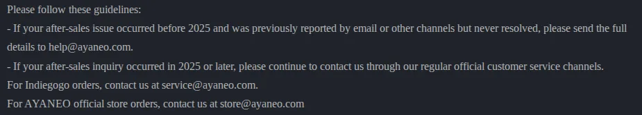 A screenshot from Ayaneo's Service Improvement Plan article, stating that the help@ayaneo.com email is after-sales issues before 2025, service@ayaneo.com is for indiegogo orders, and store@ayaneo.com is for official store orders.