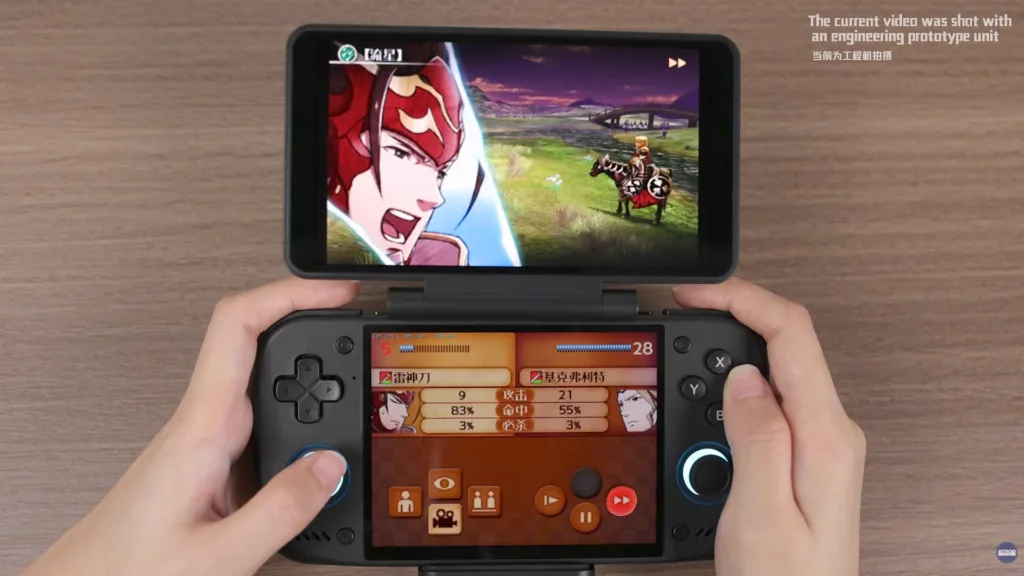 A screenshot taken from a video on Retroid's YouTube channel showcasing a prototype unit playing Fire Emblem Fates using a Retroid dual screen add-on. The bottom screen of the 3DS game completely fills out the Nova's 4:3 screen.