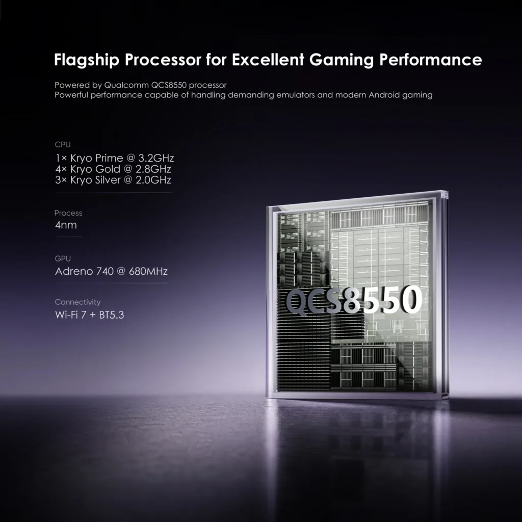 A promotional picture for the Qualcomm QCS 8550 chip that powers the Retroid Pocket Nova. It's a 4nm process with a Adreno 740 GPU and Wi-Fi 7 plus BlueTooth 5.3