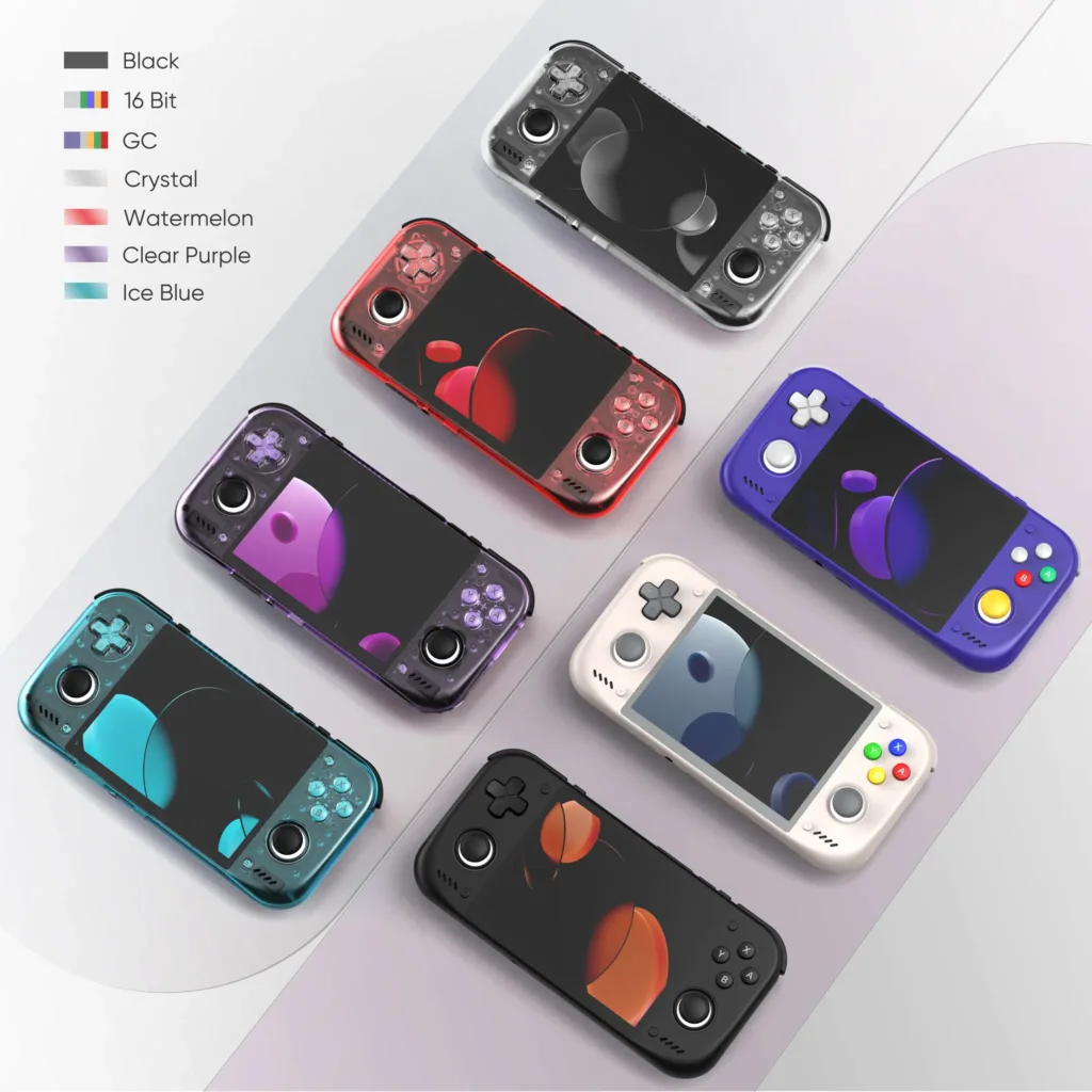 A picture showcasing all seven color options for the Retroid Pocket Nova. The colors are Black, 16 Bit, GameCube, Crystal, Watermelon, Clear Purple, and Ice Blue. 