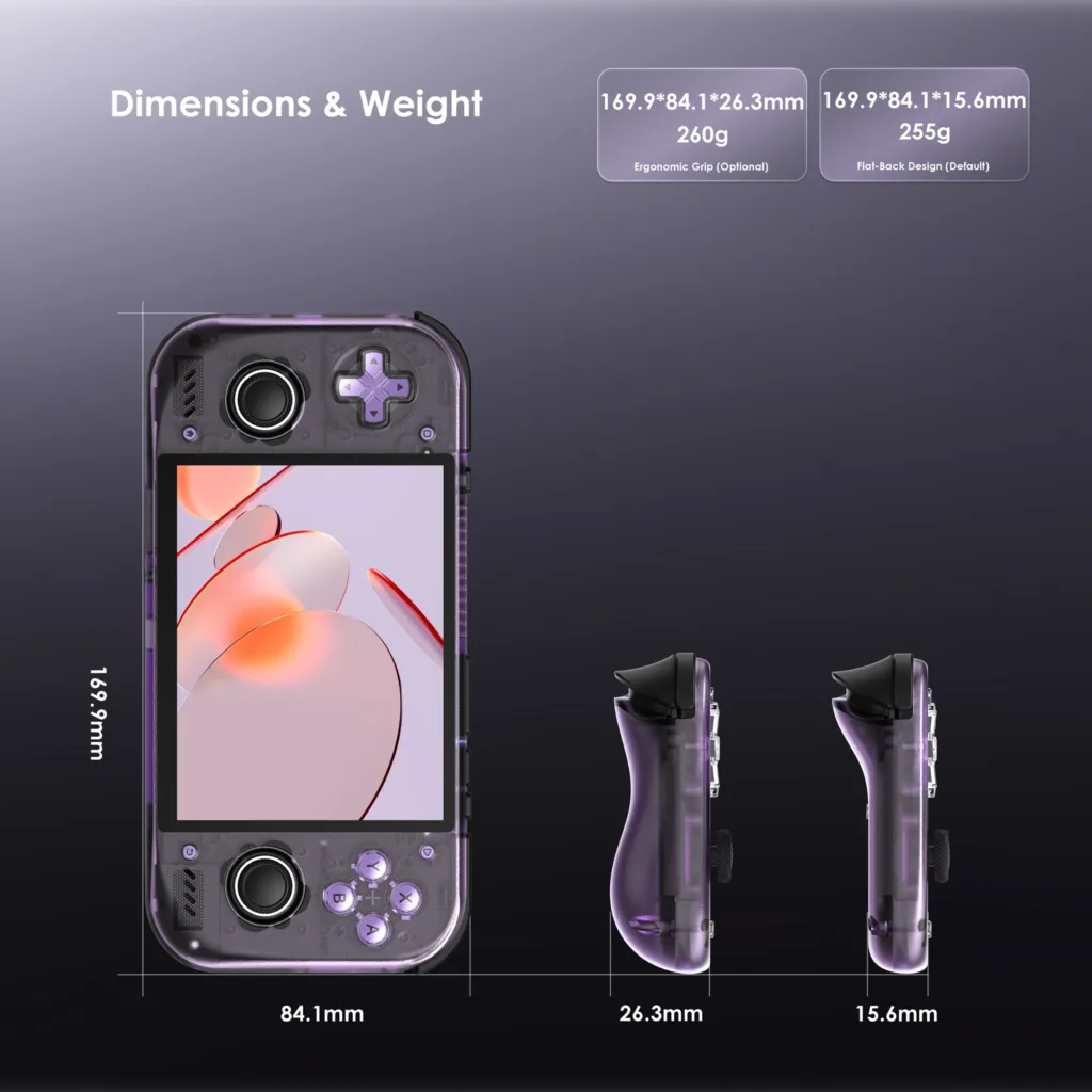 A promotional picture showing the dimensions and weight both with and without the ergonomic bump backplate. The dimensions and weight with the ergonomic backplate are 169.9mm x 84.1mm x 26.3mm and 260g. The default dimensions are 16.9mm x 84.1mm x 15.6mm and 255g.