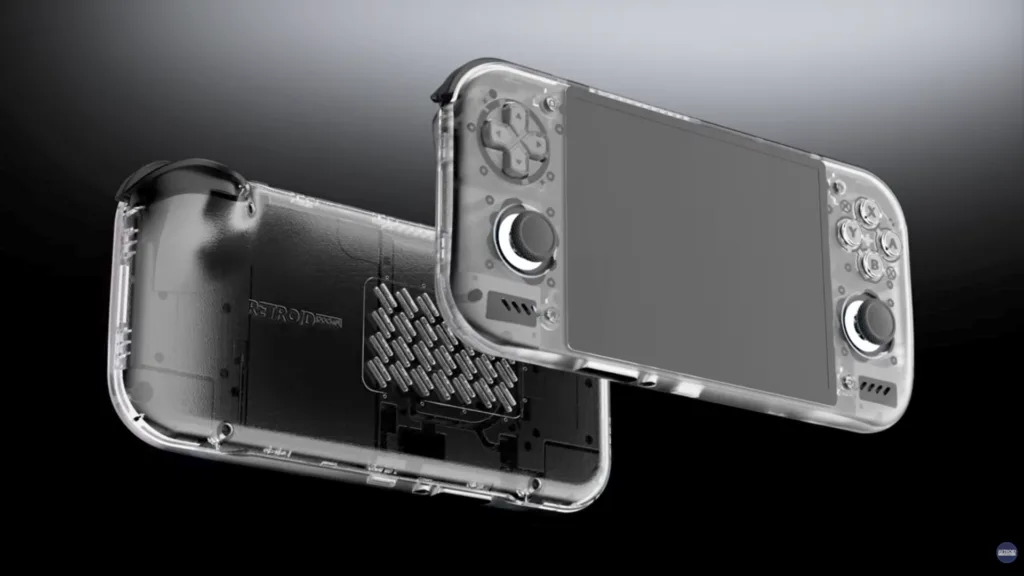 A picture showing both the front and back of the Retroid Pocket Nova. It's one of the clear plastic models, and shows off the more flat design of the device, with small ergonomic bumps right below the trigger buttons.