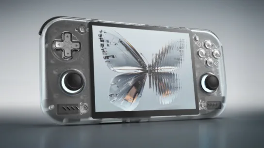 A picture of the Retroid Pocket Nova. It's the crystal color, one of the clear models that allows you to see the internals of the device and invokes the 90's nostalgia.