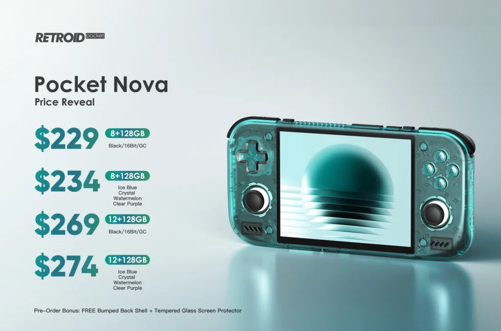 A promotional picture showing the different prices for the Pocket Nova. 9 USD for the 8GB RAM and 128GB storage models for the Black, 16 Bit, and Gamecube colors. 4 for the 8GB RAM 128GB storage models for the Ice Blue, Crystal, Watermelon, and Clear Purple colors. 9 for the 12GB RAM and 128GB storage models for the Black, 16 Bit, and GameCube colors. 4 for the 12GB RAM and 128GB storage models for the Ice Blue, Crystal, Watermelon, and Clear Purple colors.