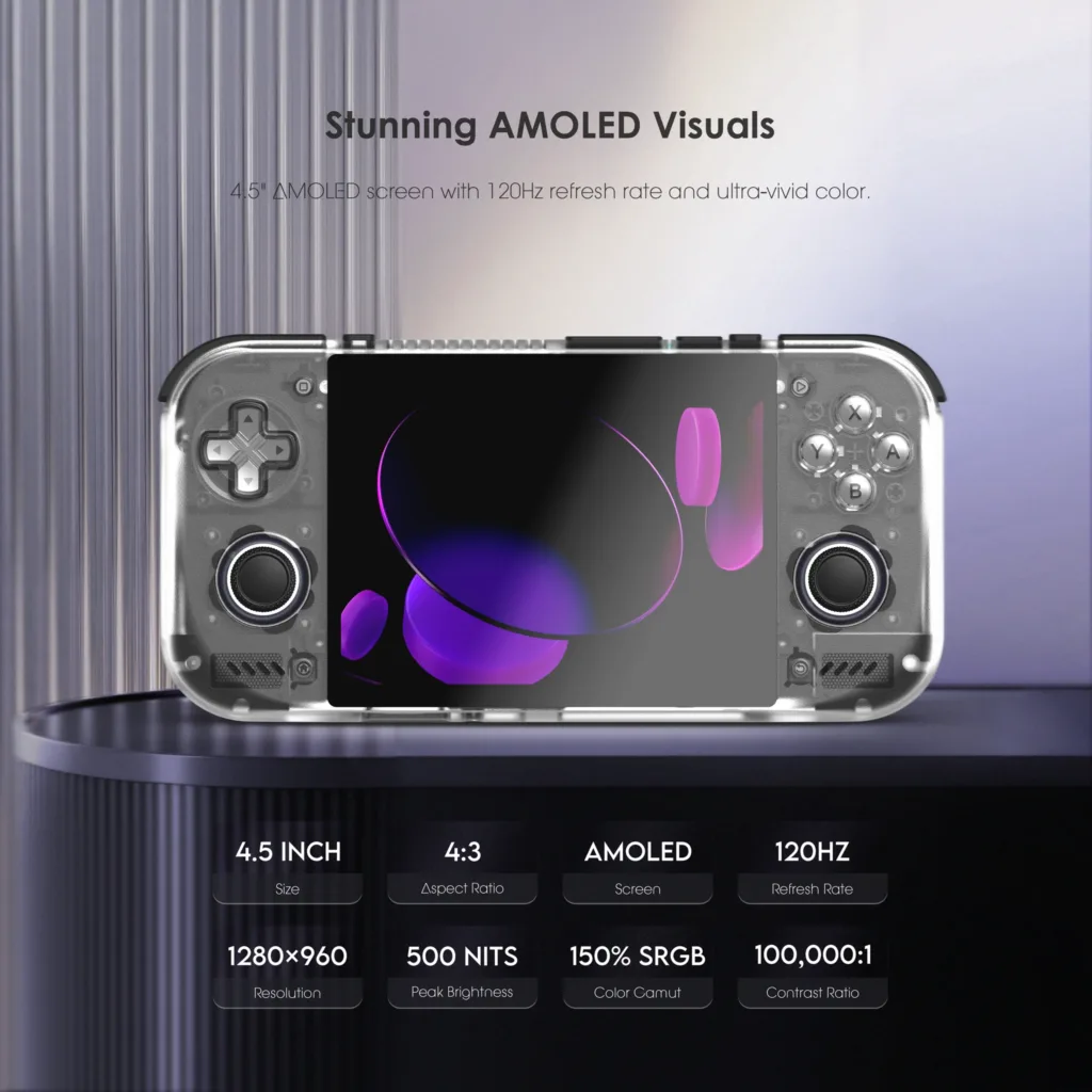A promotional picture showing the screen's specs. 4.5 inch 4:3 960p AMOLED screen with 120Hz refresh rate.