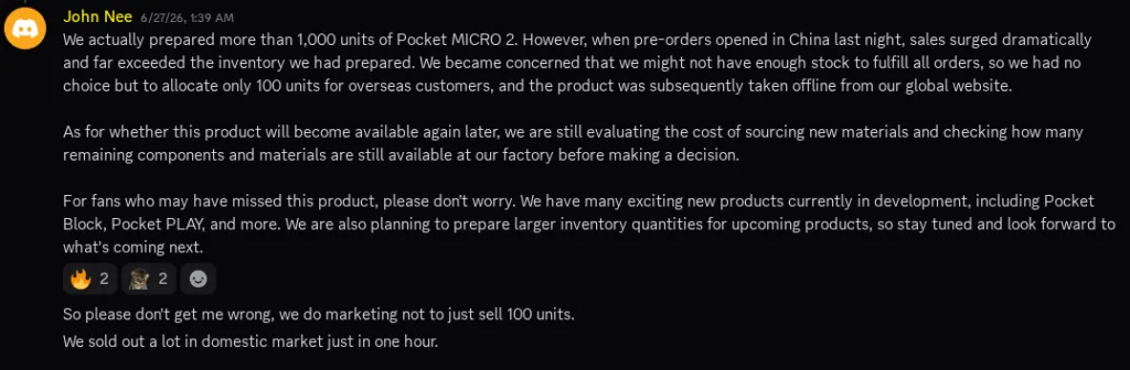 A screenshot from John Nee explaining that Ayaneo had more than 1,000 units of the Pocket Micro 2, but pre-orders in China far exceeded the inventory that they prepared for. As a result, they only allocated 110 units for international customers so they could fulfill their domestic pre-orders.