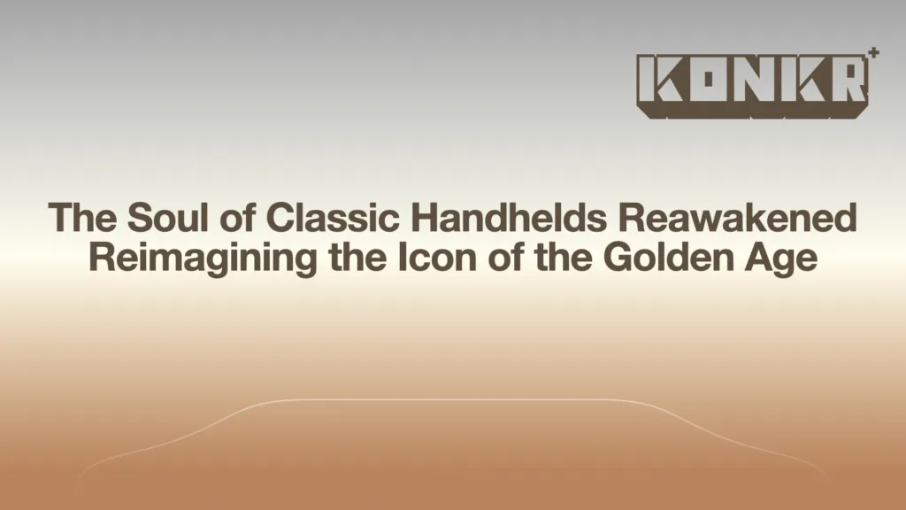 A promotional picture from Ayaneo, teasing a new handheld for the Konkr line of devices. It heavily implies a design inspired by the original Gameboy Advance.