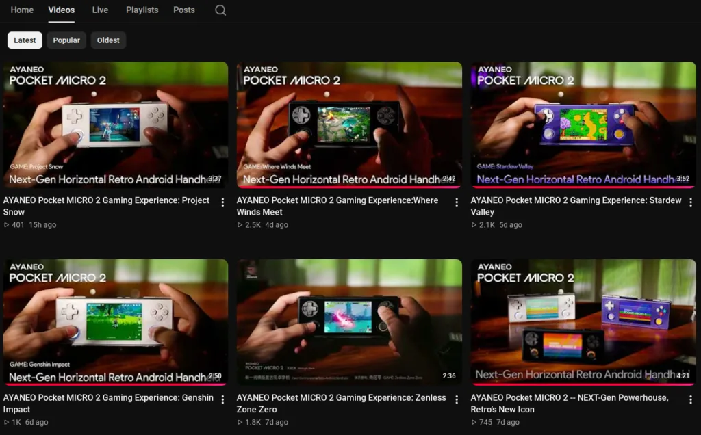 A screenshot of Ayaneo's most recent YouTube videos. The screenshot shows six videos focused on showcasing the Pocket Micro 2, even though it was already sold out before the first video went up.