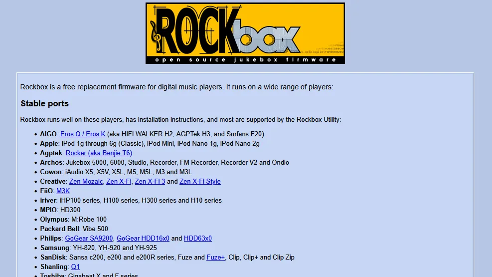 screenshot of the rockbox.org website
