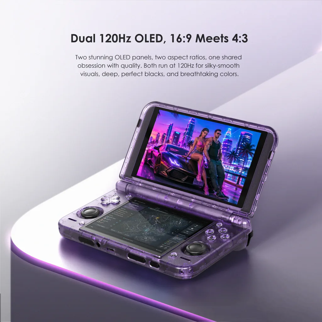 Promotional art that highlights the two 120Hz OLED screens. The top screen is a 5.5-inch 16:9 screen, and the bottom screen is a 4:3 4.5" screen.