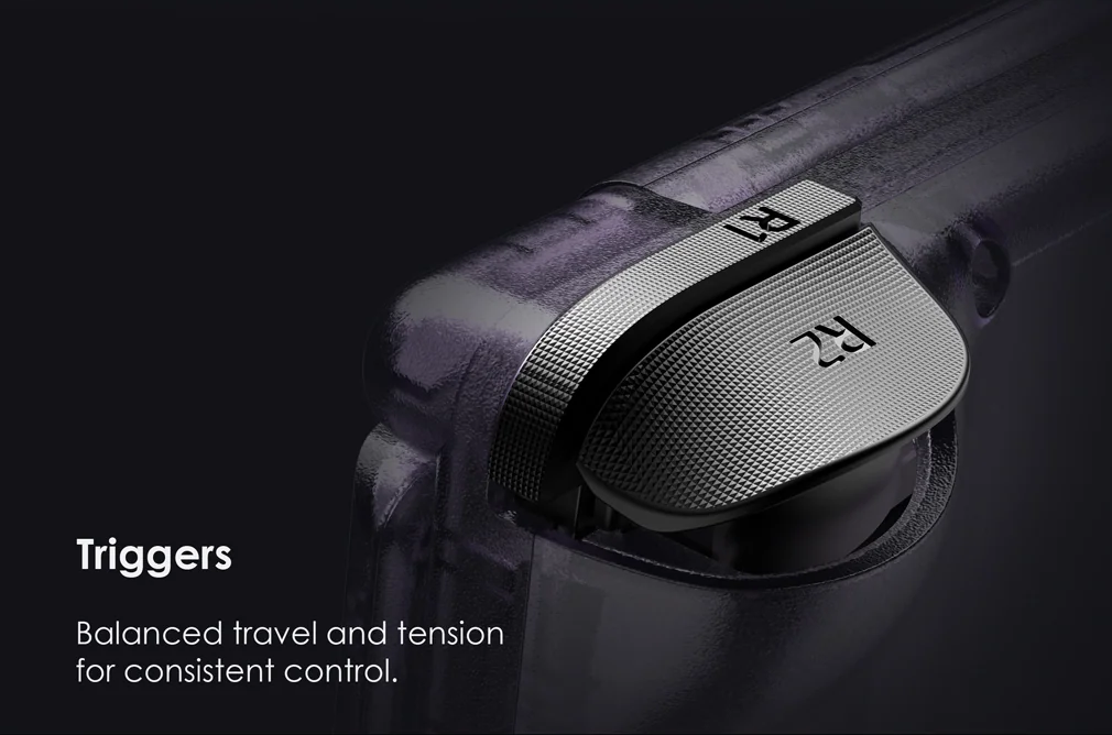 A promotional picture showing the rounded trigger buttons, and how both the shoulder and triggers are textured.